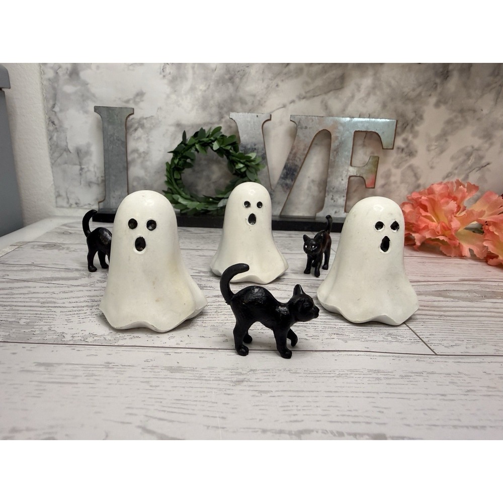 6 Pcs Mini Halloween Ghost Figurines & Cats Set Cute Spooky Desktop Decor Party
